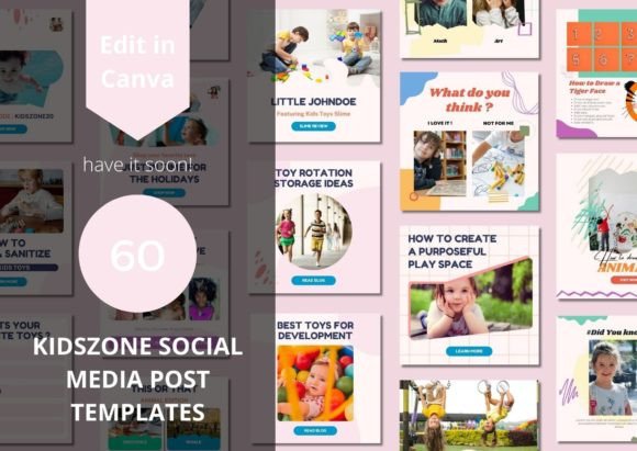 60 Kidszone Social Media Canva Templates for Playful Brands