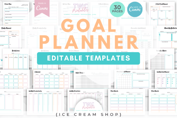 Goal Planner Canva Templates | ICE CREAM: Your Sweetest Path to Productivity